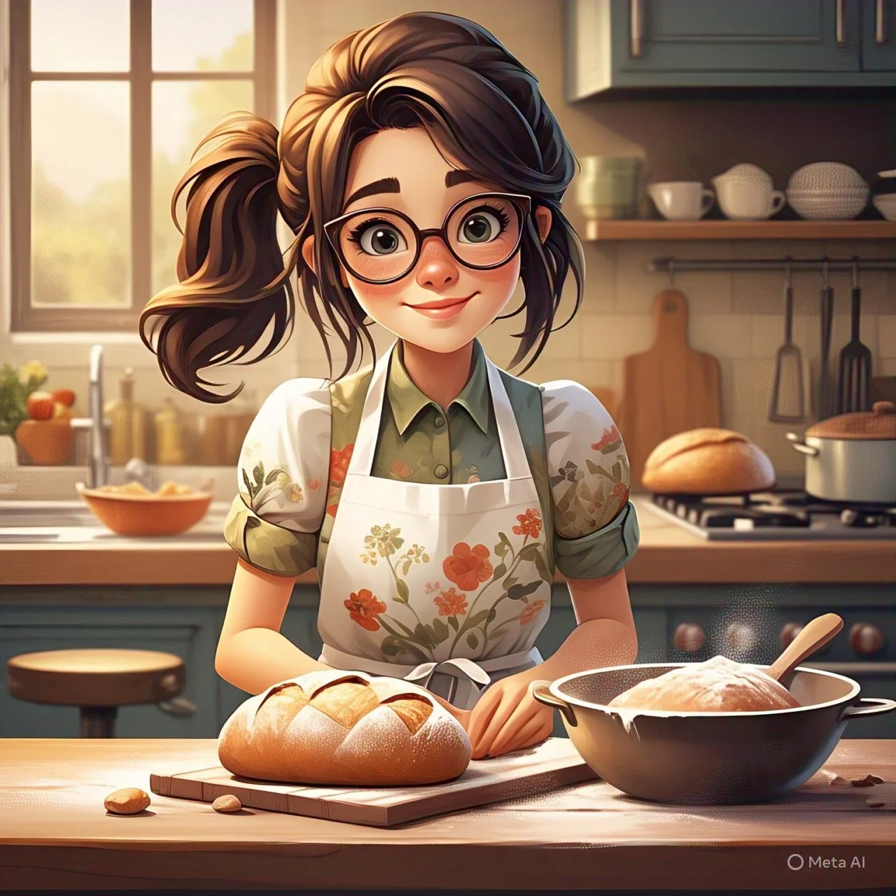A cartoon woman with glasses, brown hair in a ponytail, wearing a floral apron, standing in a kitchen with sunlight coming through the window. She is smiling and preparing freshly baked bread and dough on a countertop.
