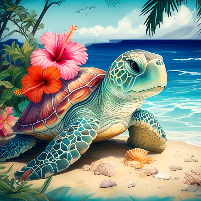 A digital painting of a sea turtle resting on a sandy beach near the ocean with colorful hibiscus flowers and seashells around it, under a bright sky with birds flying in the background.