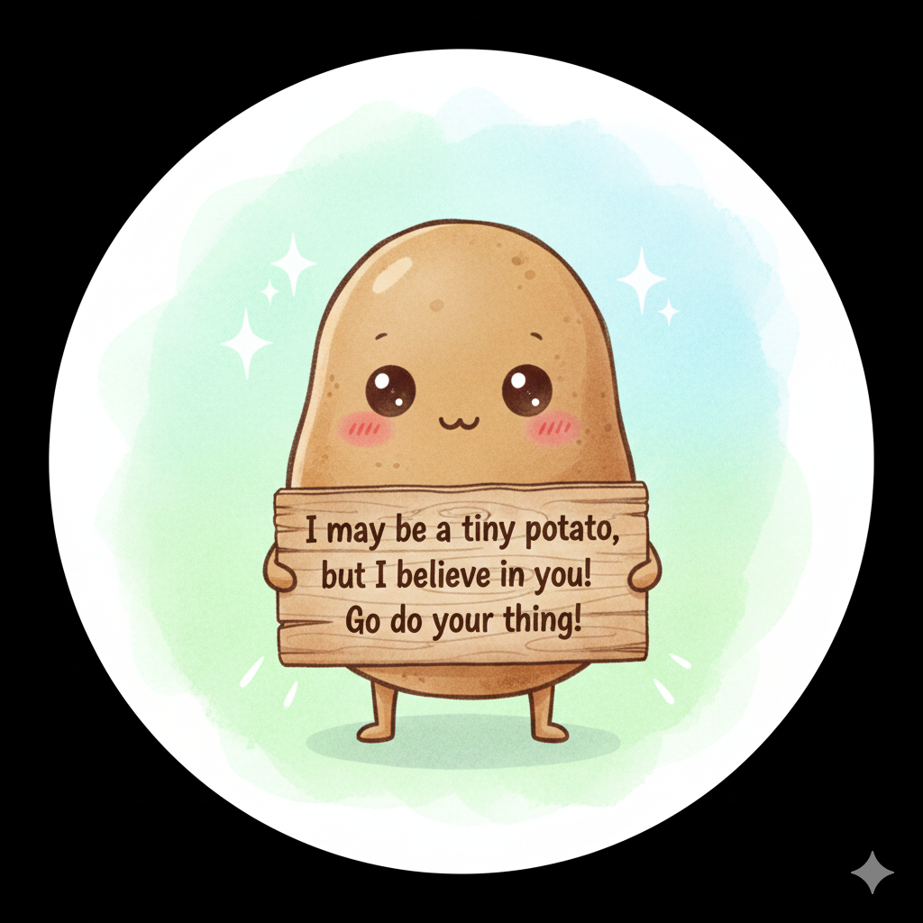 Cute cartoon tiny potato holding a wooden sign that says, 'I may be a tiny potato, but I believe in you! Go do your thing!'