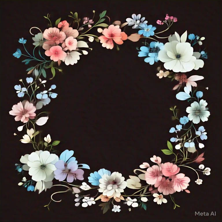 A decorative floral wreath with pink, blue, and white flowers against a black background.