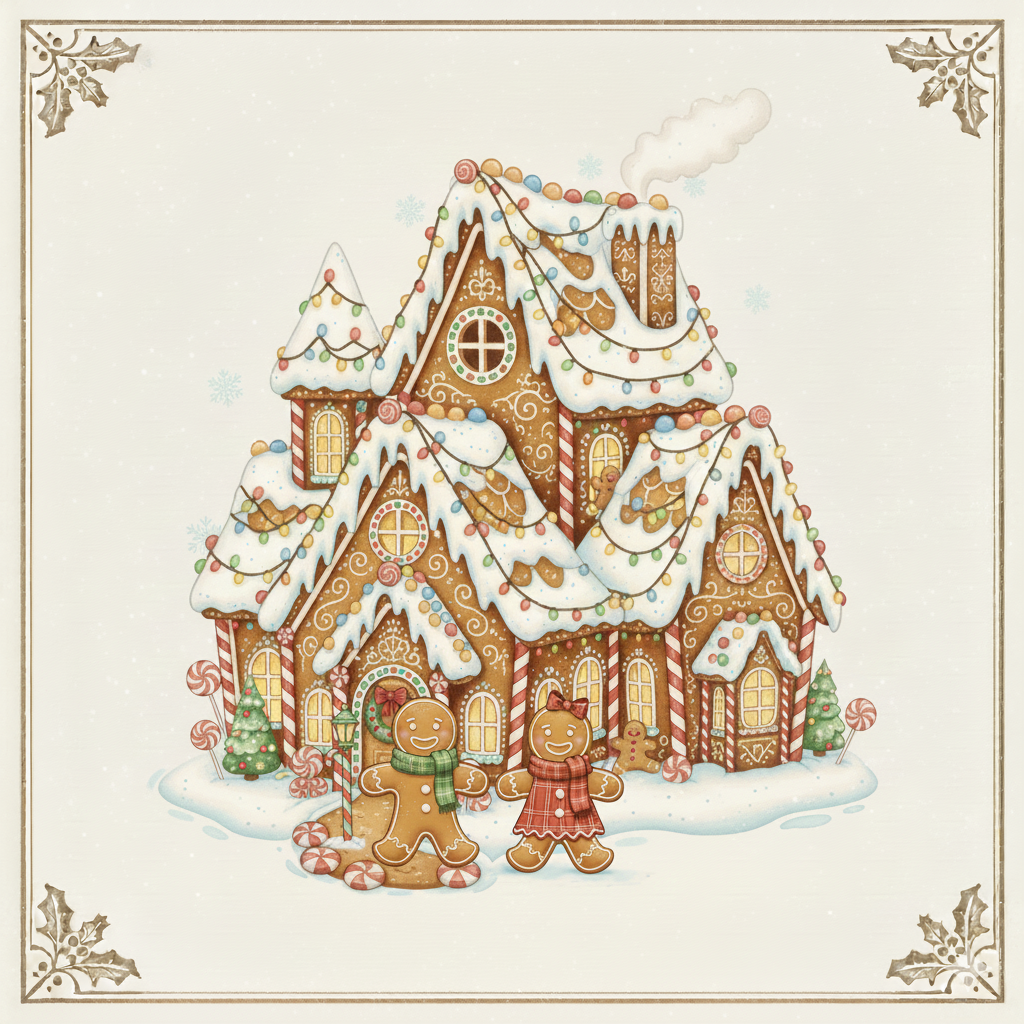 Gingerbread house decorated with Christmas lights and candy canes, with two gingerbread figures, one boy and one girl, in front of it, snowy scene with holly accents in the corners.