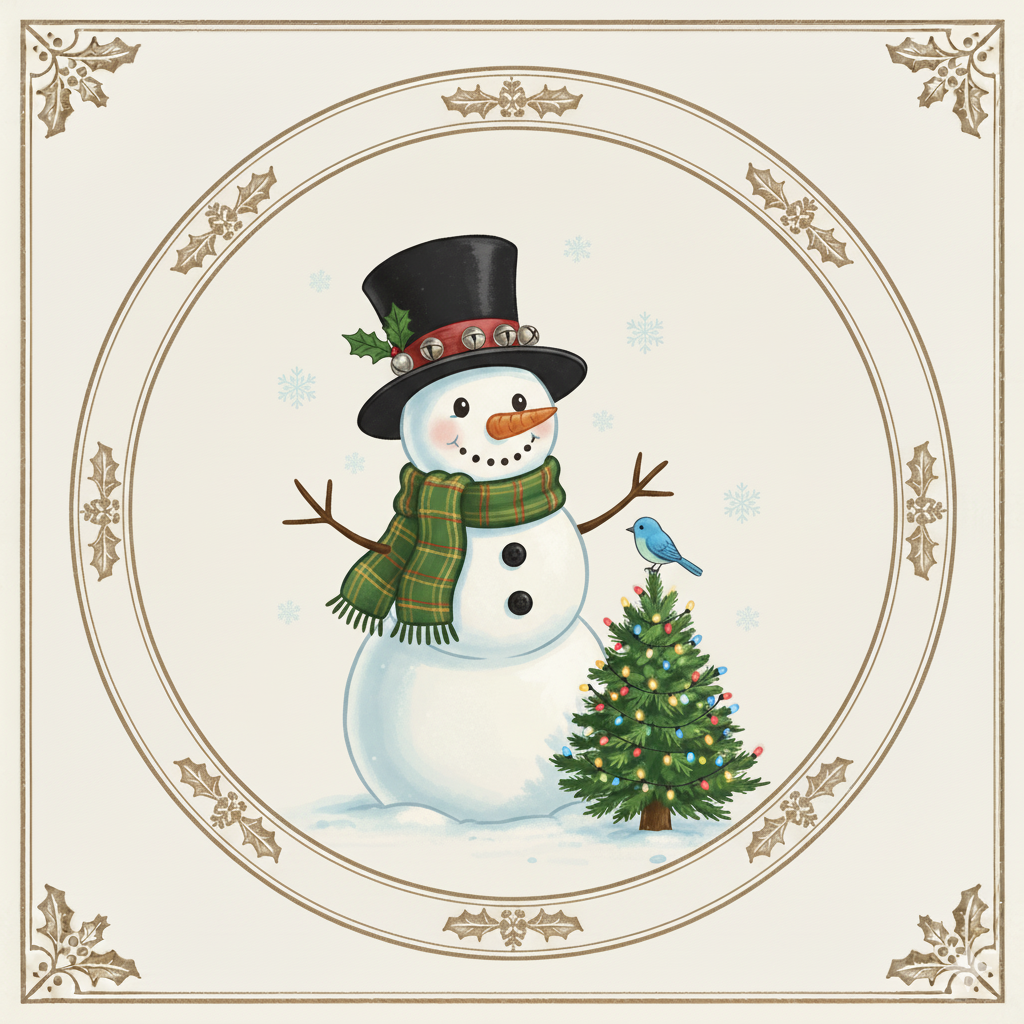 A snowman wearing a top hat with holly and bells, a green plaid scarf, and with stick arms, standing next to a decorated Christmas tree with colorful lights and a small blue bird perched on it. There are snowflakes falling around.