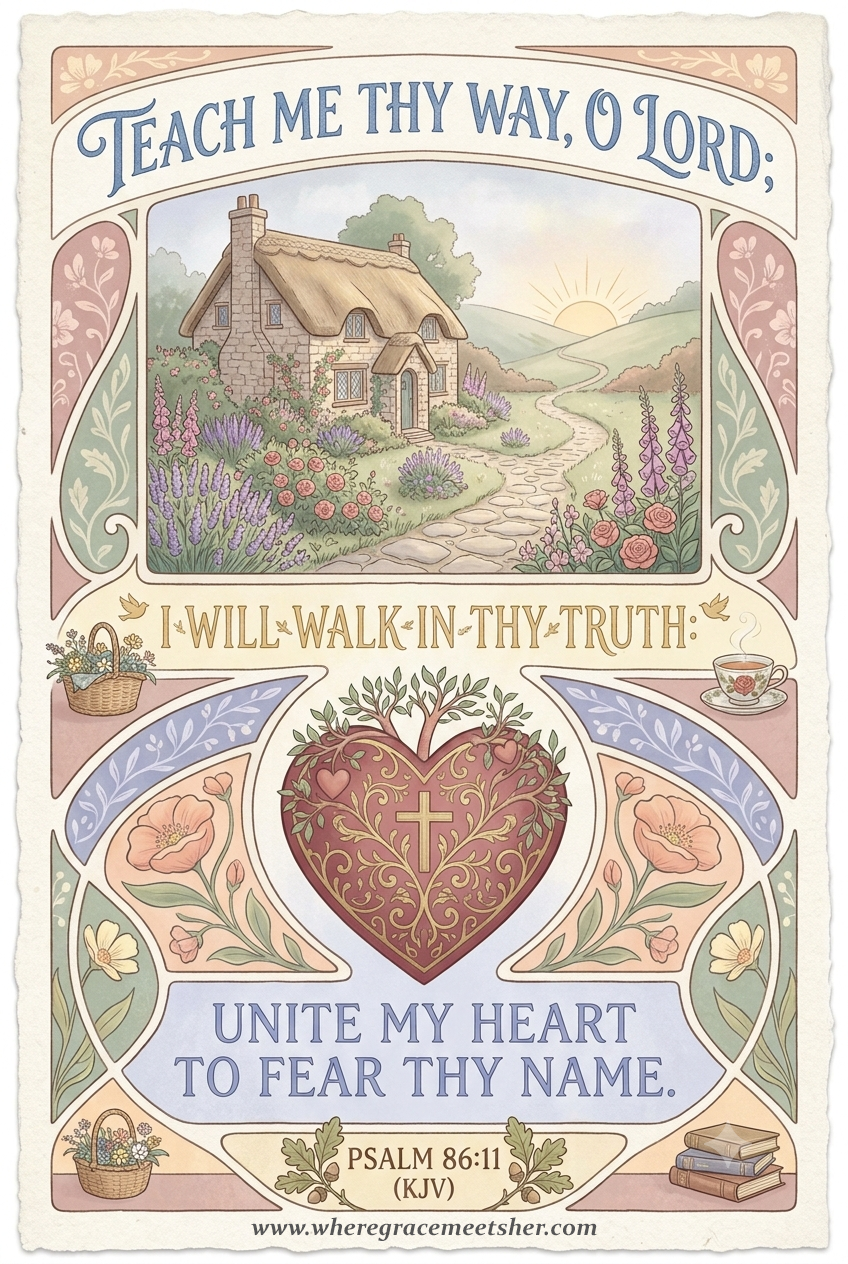 A decorative Bible verse poster with a pastoral scene of a cottage and a sunrise, featuring the text: 'Teach me thy way, O Lord. I will walk in thy truth. Unite my heart to fear thy name,' from Psalm 86:11, KJV. The poster includes floral designs, a 