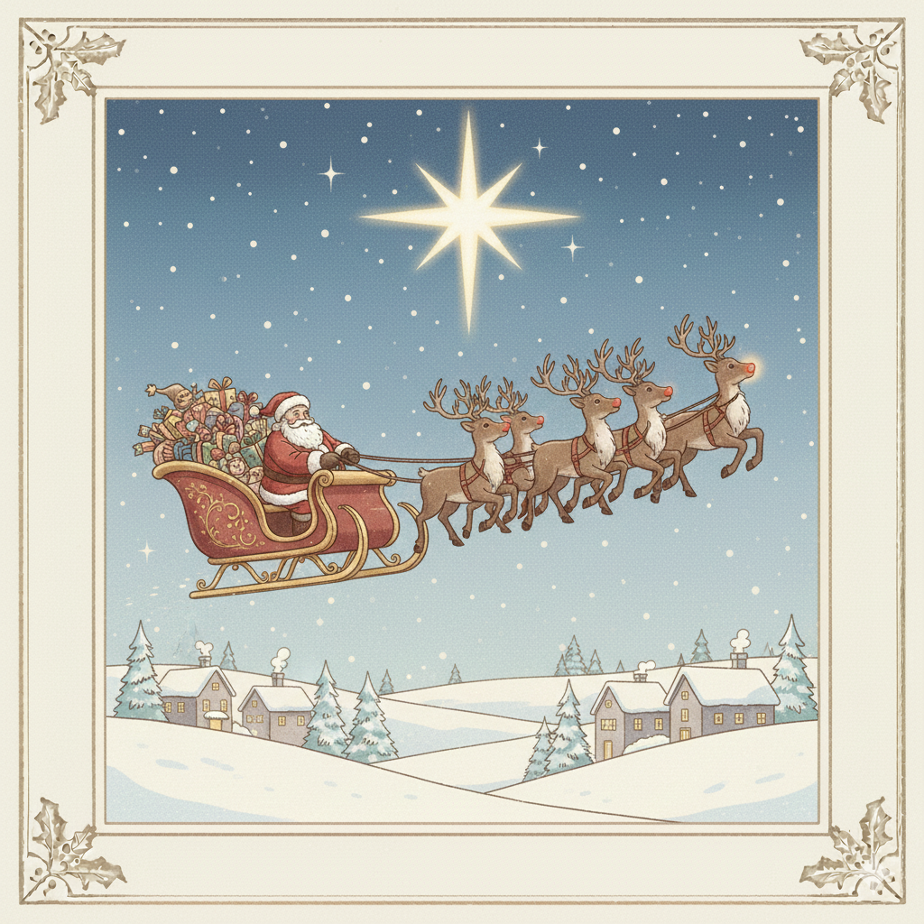 Santa Claus flying through the night sky in a sleigh pulled by reindeer over a snowy village with evergreen trees and smoke coming from chimneys, under a bright starry night.