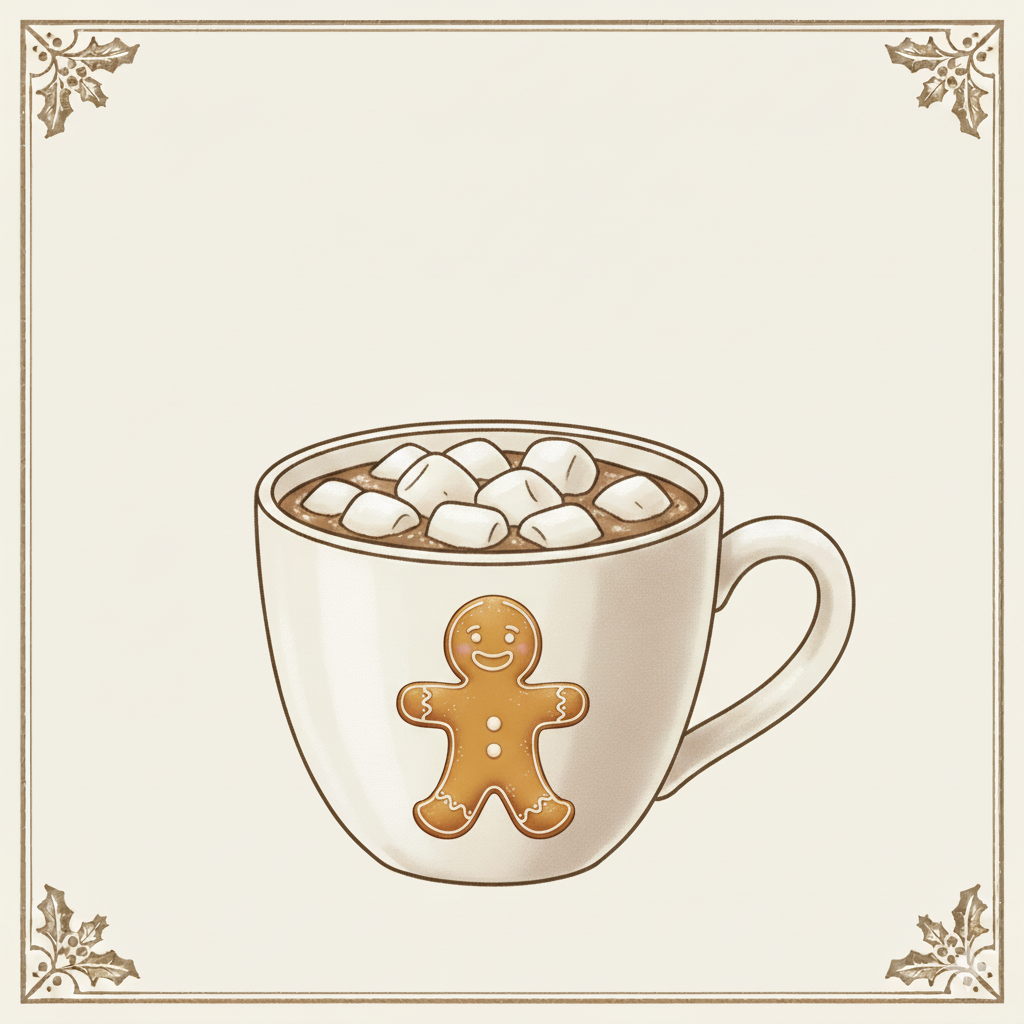 A white mug with a gingerbread man on it, filled with hot chocolate and topped with marshmallows, designed with a Christmas holiday theme.