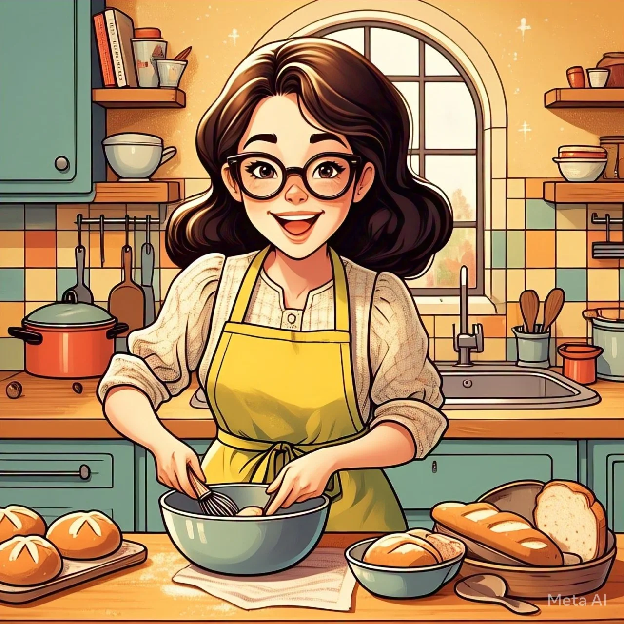 A cheerful woman with glasses, wearing a yellow apron, baking in a cozy kitchen with sunlight streaming through a window. She is mixing ingredients in a bowl surrounded by freshly baked bread rolls and loaves.