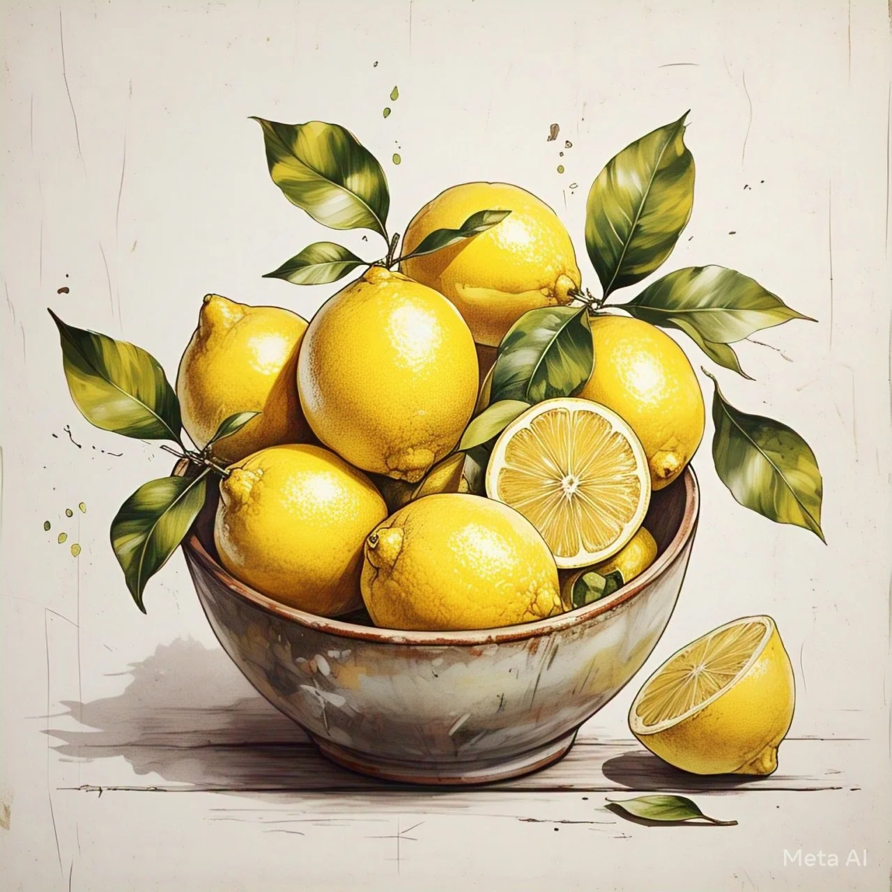 Painting of a bowl filled with yellow lemons, some with leaves, one lemon sliced in half and another quarter on the side.