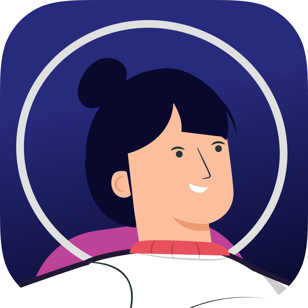 A cartoon astronaut with black hair in a bun, smiling, wearing a white spacesuit and purple seat, inside a space helmet with a clear visor, against a dark blue background.