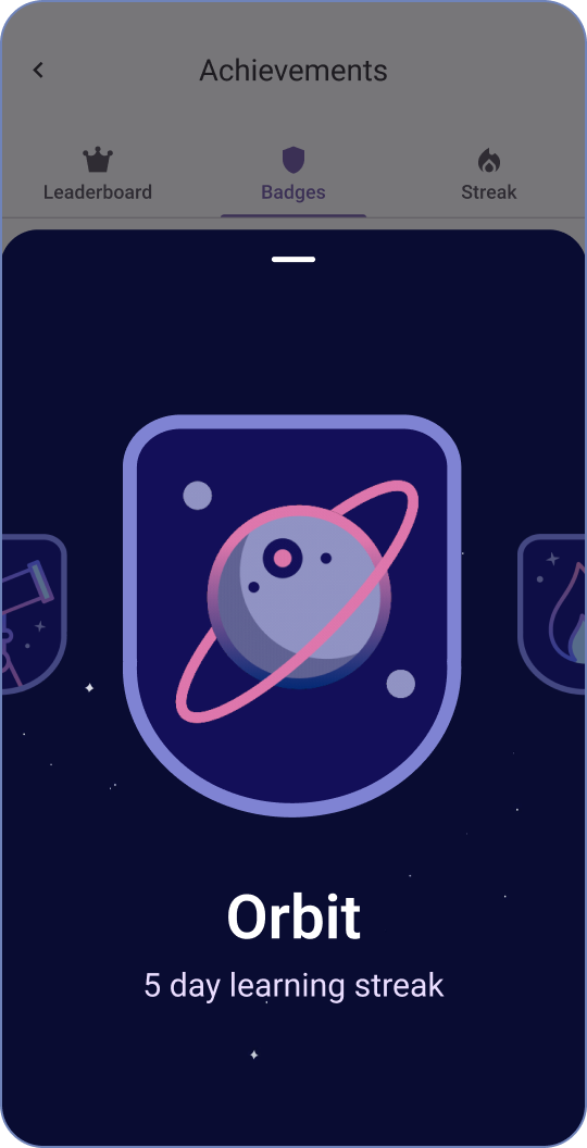 Mobile app screen showing an achievement badge labeled 'Orbit' for a 5-day learning streak, featuring a space-themed illustration of a planet with a ring around it.
