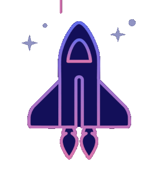Neon outline of a rocket ship with stars around it against a dark background.