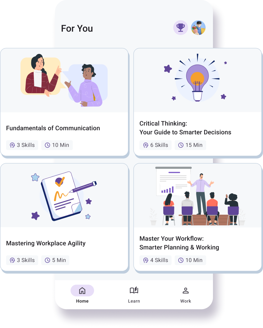 Mobile app screen displaying four educational courses about communication, critical thinking, workplace agility, and workflow management, with icons and estimated skills and duration.