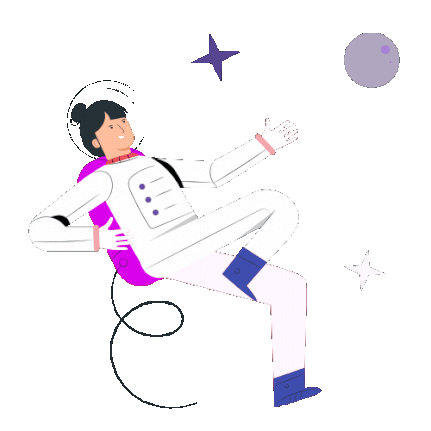 Illustration of an astronaut floating in space with a space suit, stars, and a planet in the background.
