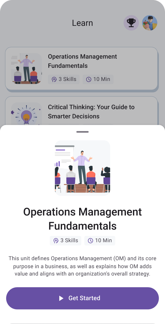 Mobile app screen showing a learning module titled "Operations Management Fundamentals" with an illustration of a man teaching a group. There are icons indicating 3 skills and 10 minutes. A "Get Started" button is at the bottom.