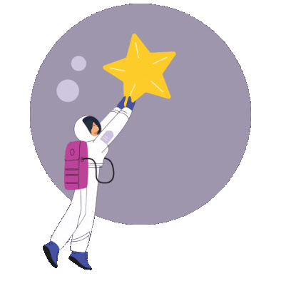 An astronaut in a spacesuit reaching up and holding a yellow star.
