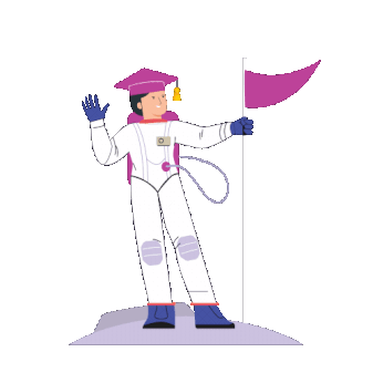Illustration of an astronaut standing on the moon holding a flag, waving with one hand.