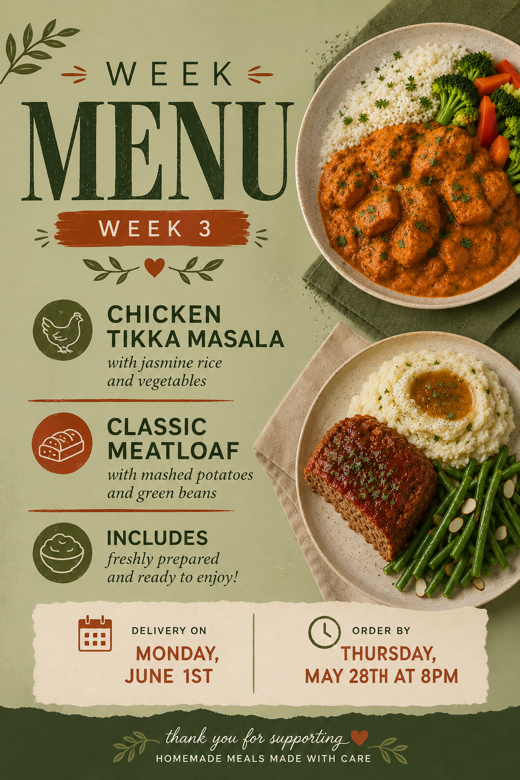 Weekly meal menu featuring Chicken Tikka Masala with jasmine rice and vegetables, and Classic Meatloaf with mashed potatoes and green beans, displayed with the meal dishes.