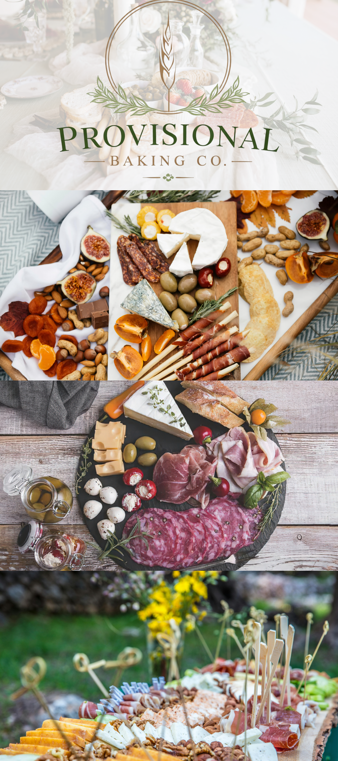 Arrangement of cheeses, cured meats, crackers, olives, dried fruits, nuts, and condiments on a rustic wooden table, part of a charcuterie board display
