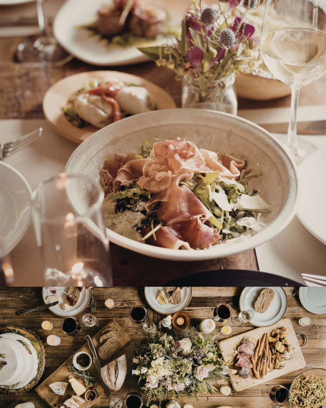 A top-down view of a rustic dinner table set with various dishes, wine glasses, candles, and a floral centerpiece, including a charcuterie platter, bread, and a cake.