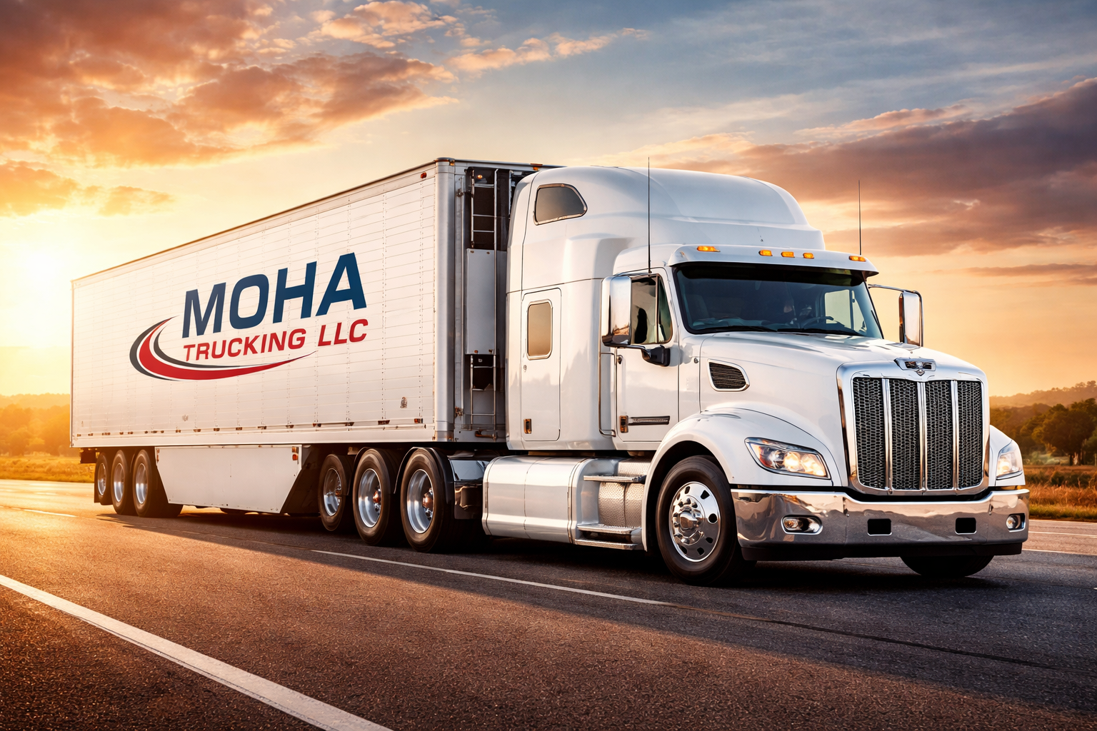 A white semi-truck with 'MOHA TRUCKING LLC' logo on the trailer driving on a highway at sunset.
