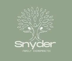 a tree with leaves bursting from the center and the trunk of the tree is made up of 3 people stretching their arms. Below it reads, "Snyder family chiropractic."