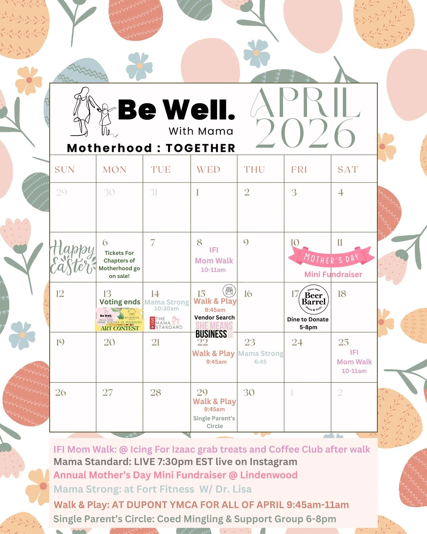 Our April, May, and June calendars are here!! Are you ready for the sunshine?! 🌷☀️

Over the next few months, we have so many ways to connect &mdash; from Walk &amp; Play mornings, Mama Strong, Moms Night Out, and The Mama Standard Lives to exciting