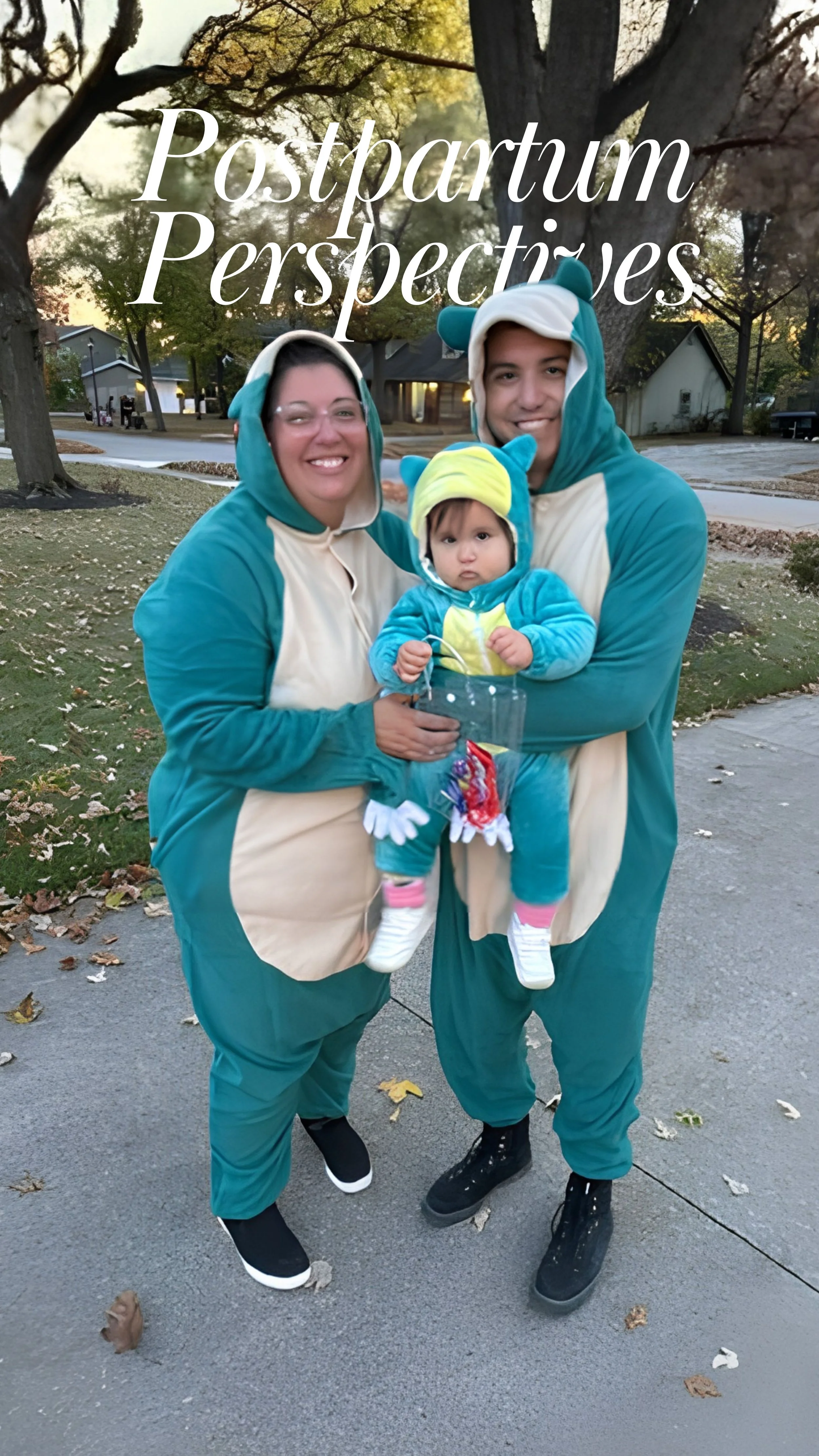 A mom and dad in blue bear halloween costumes holding a toddler girl in a matching costume.
