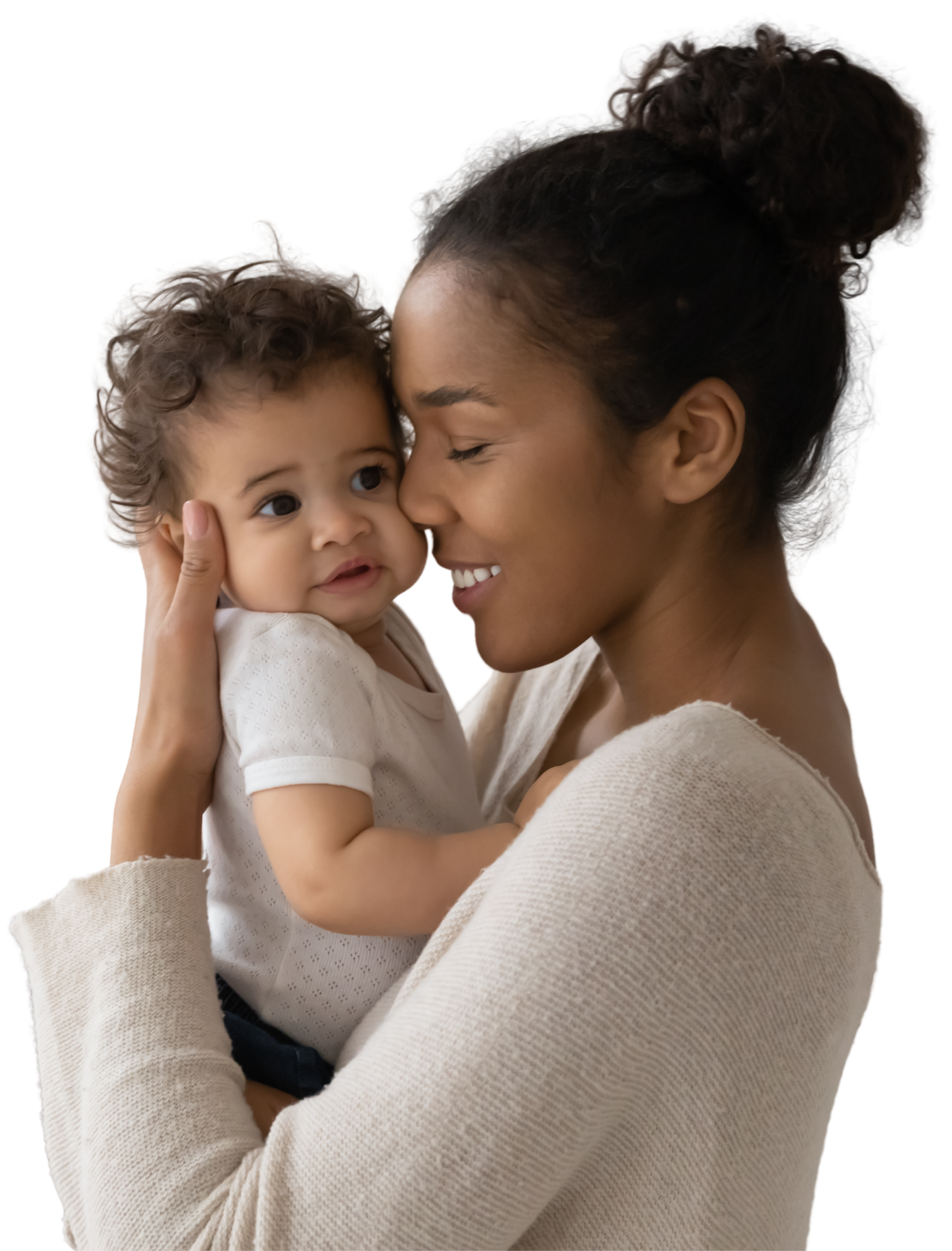 African American mom holding her baby to her face and smiling