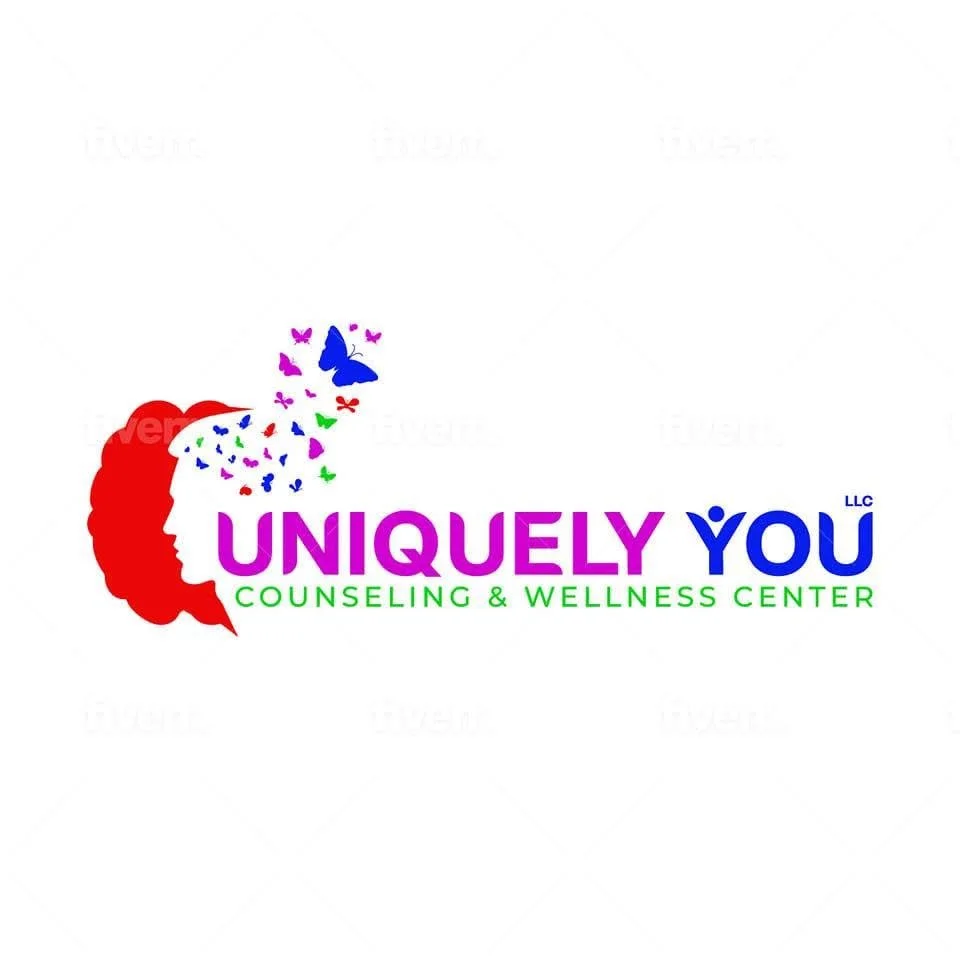 logo reads "uniquely you counseling & wellness center," with a head to the left and butterflies flying out of it.