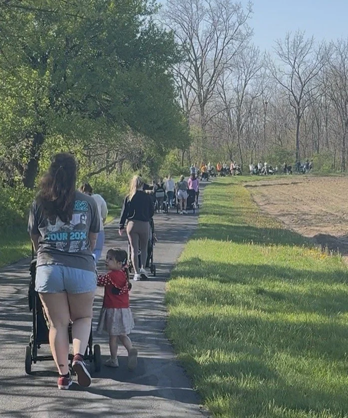 a group of moms in the summer around 30 are walking away from the camera on a path with their children in strollers
