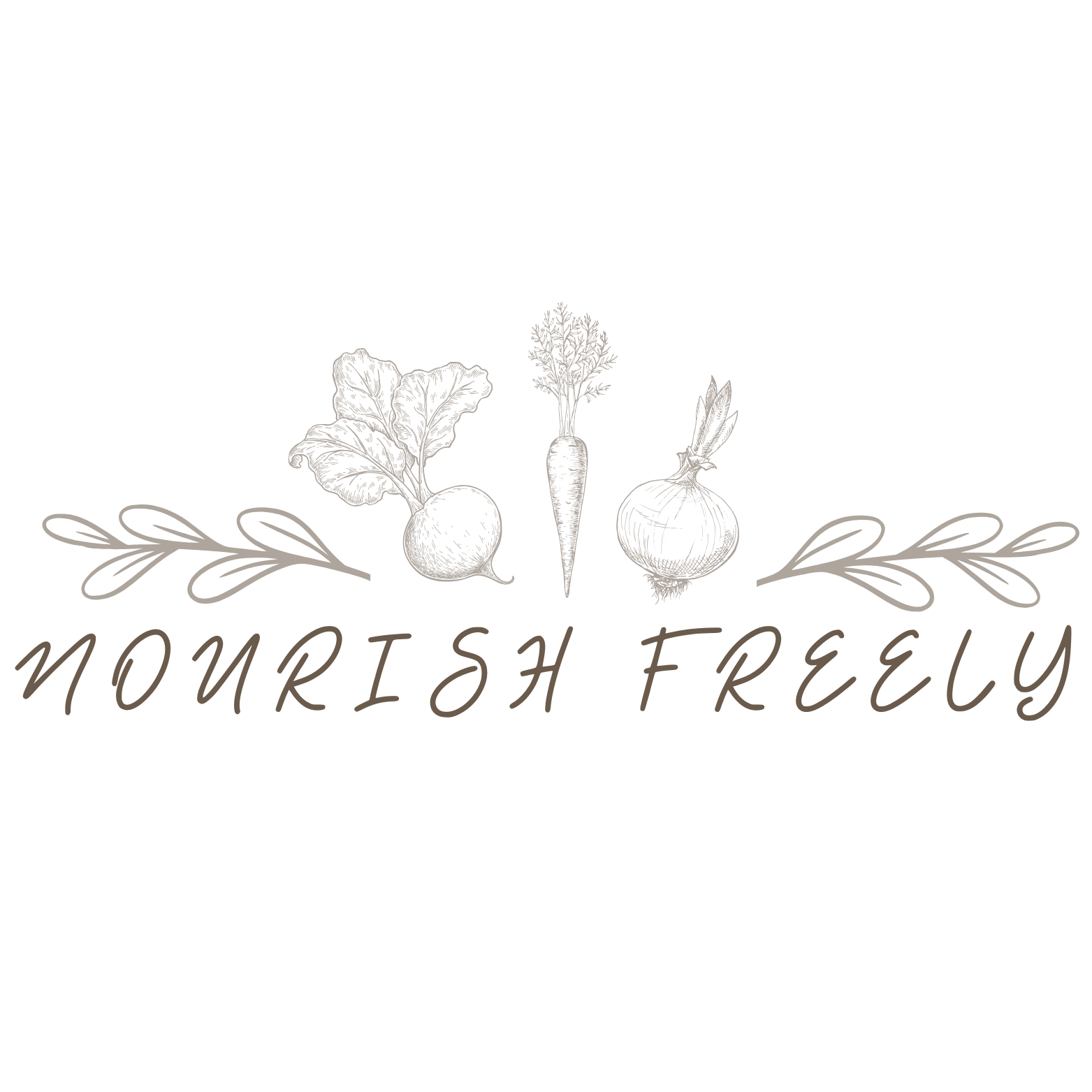 an image of leaves, reddish, carrots, and onions with, "nourish freely," written below