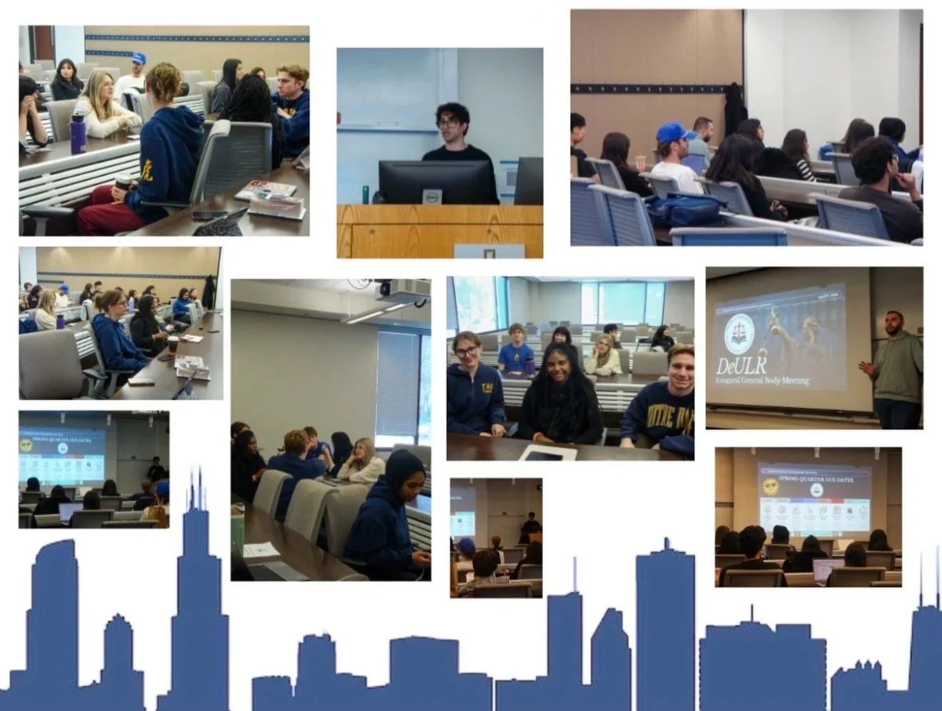 Collection of photos showing students attending a class or seminar in a university classroom, with a city skyline silhouette at the bottom.