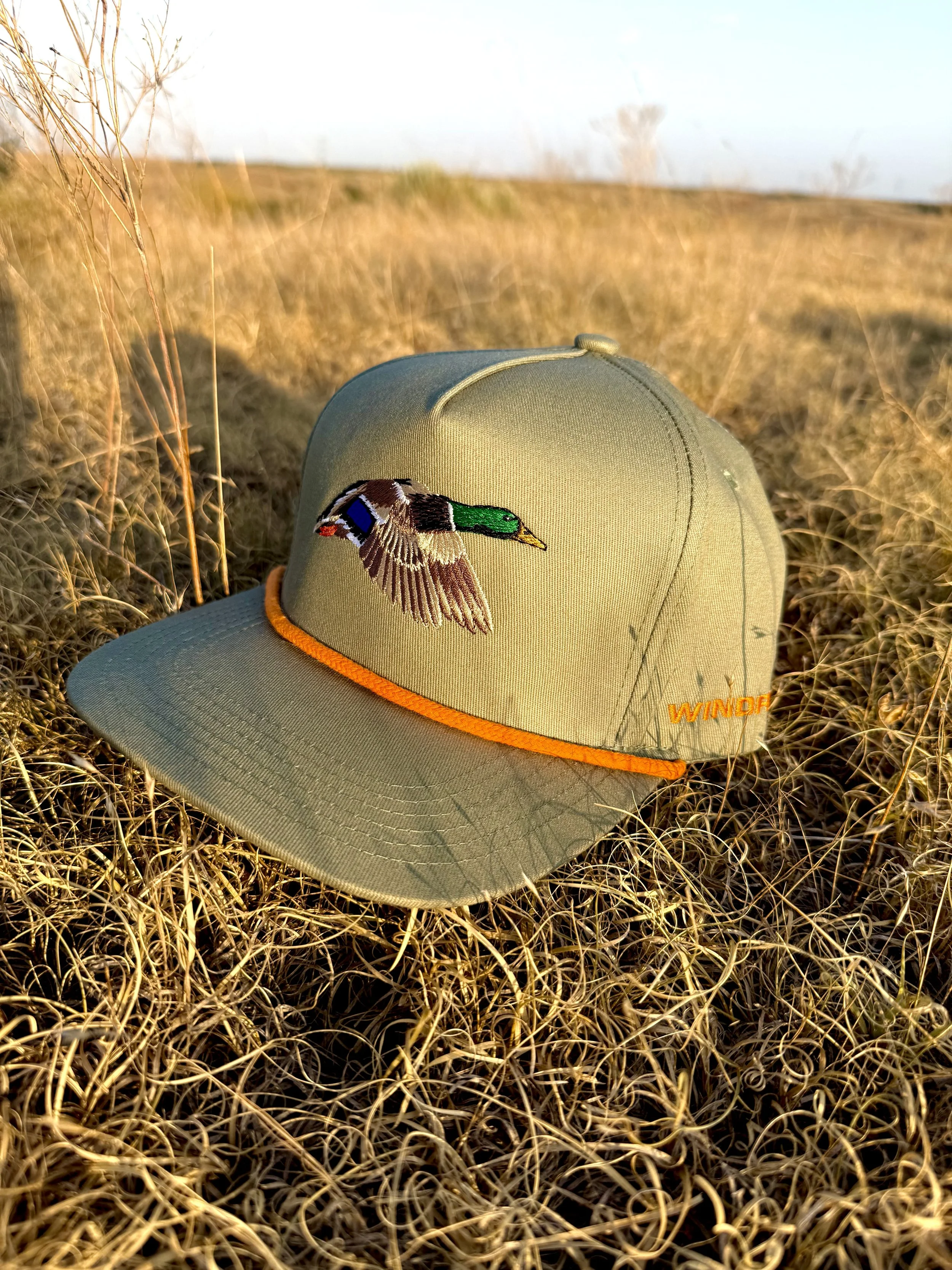 FLYING MALLARD TRUCKER HAT - SAGE / HUNTER ORANGE