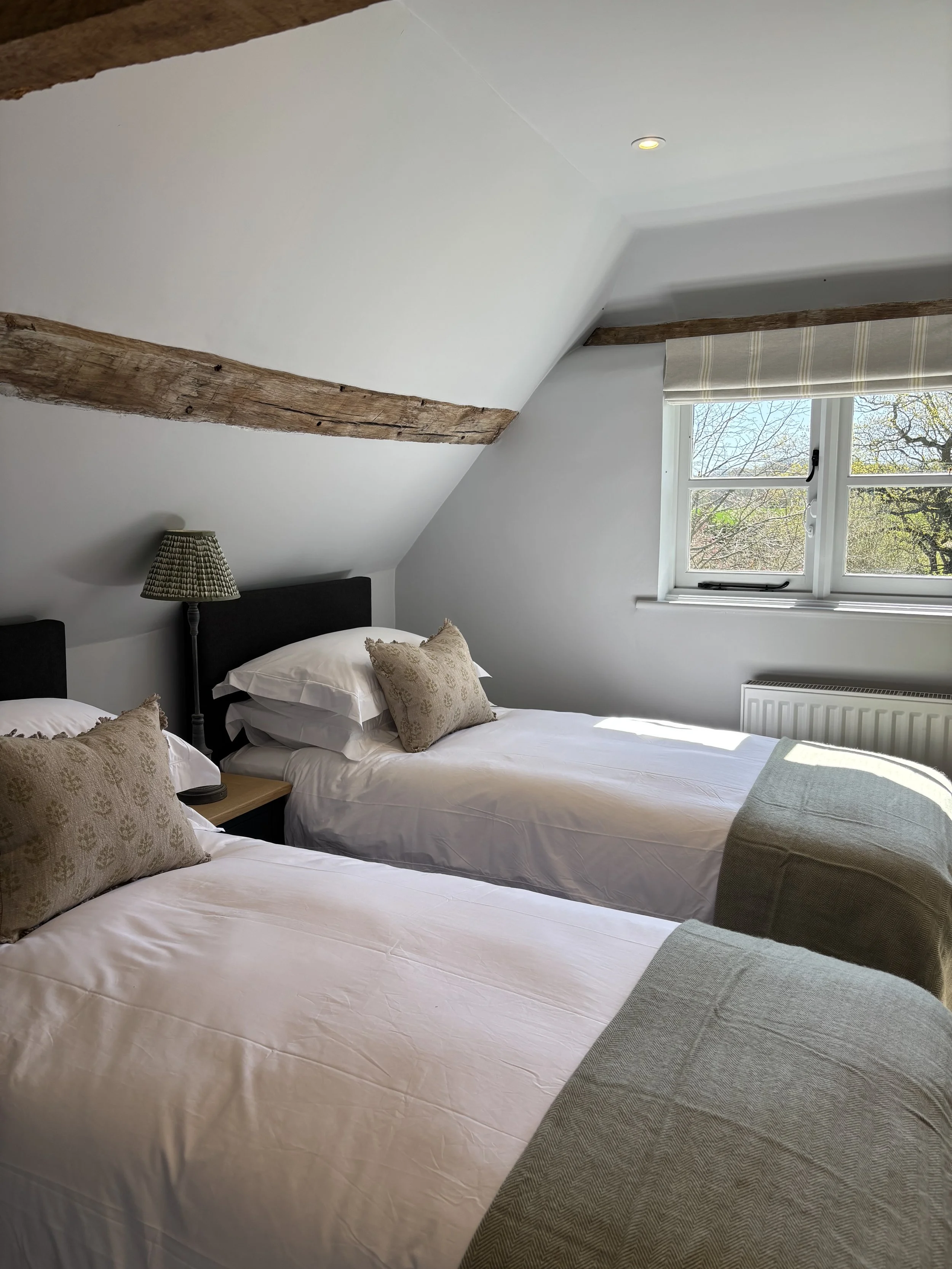 Two single beds with beige patterned pillows, a nightstand with a lamp, and a window with trees outside in a bedroom with sloped ceiling and wooden beams.
