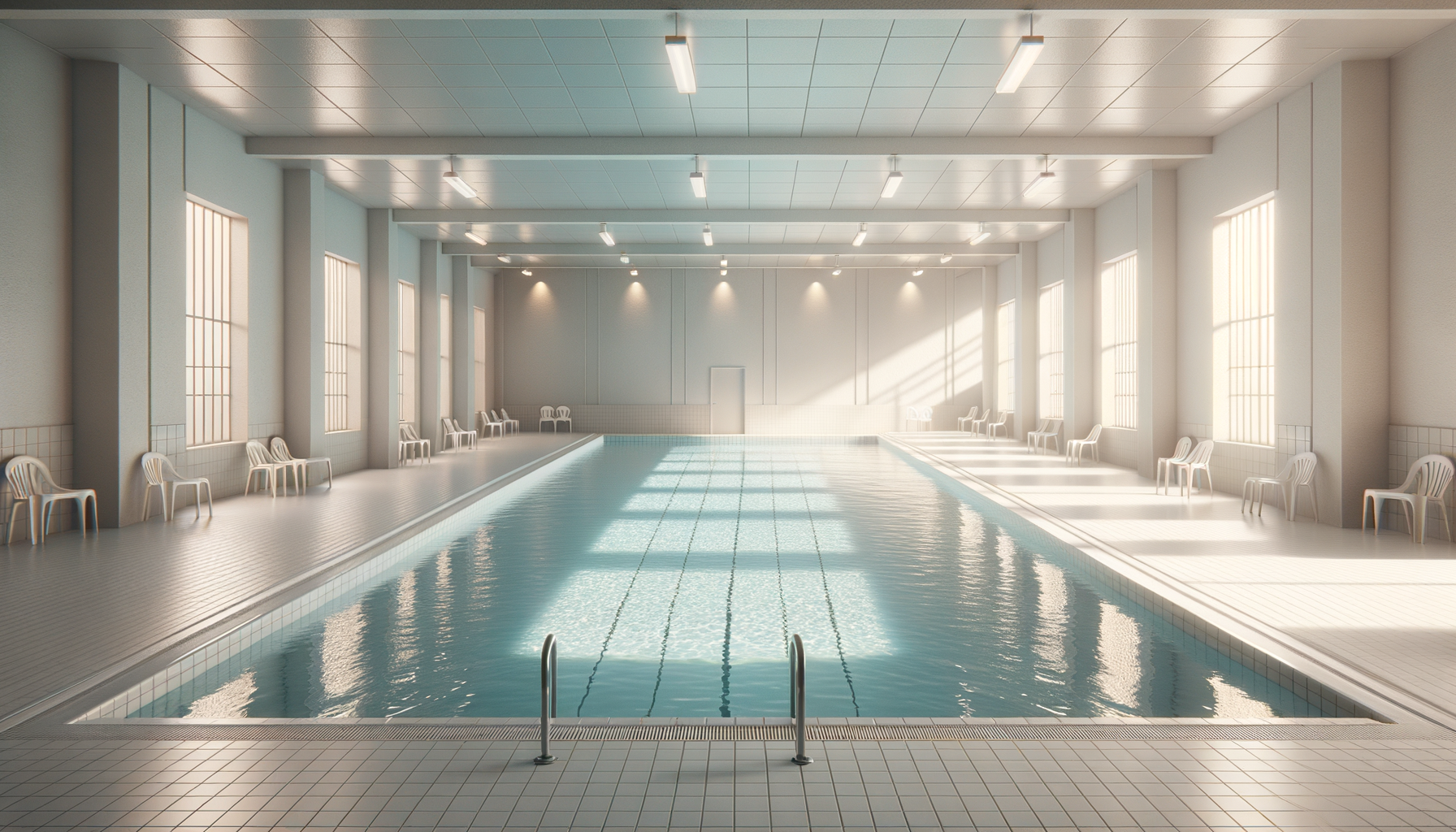 An indoor swimming pool with white tiled walls and floor, lined with windows that let in natural light, white chairs along the sides, and a ladder at the pool's edge.