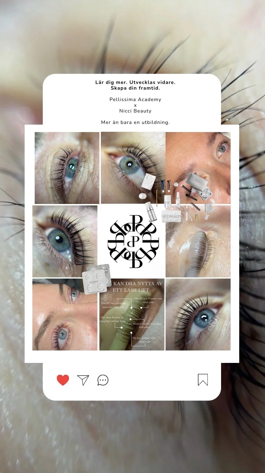 En annons för en utbildning i lash lift som visar bilder av ögon med uppfriskade fransar, samt olika kosmetiska produkter för ögonfransar och ögonmakeup.
