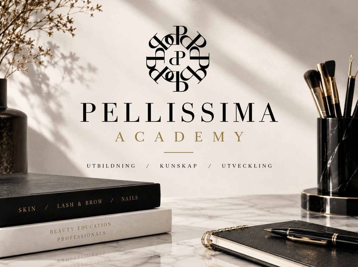 Skärm med texten 'Pellissima Academy' och symbol, omgiven av böcker, makeupverktyg och skrivmaterial på en marmorbord.