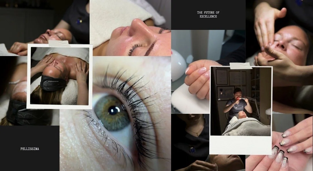 Kollage av bilder som visar skönhetsbehandlingar, inklusive ansiktsmassage, ögonfransförlängning och makeup, samt ett nära foto på en grön ögon.