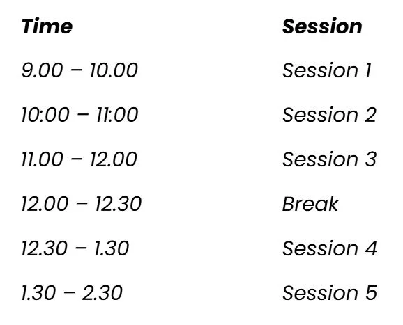 Schedule showing times and sessions, with a break from 12:00 to 12:30.