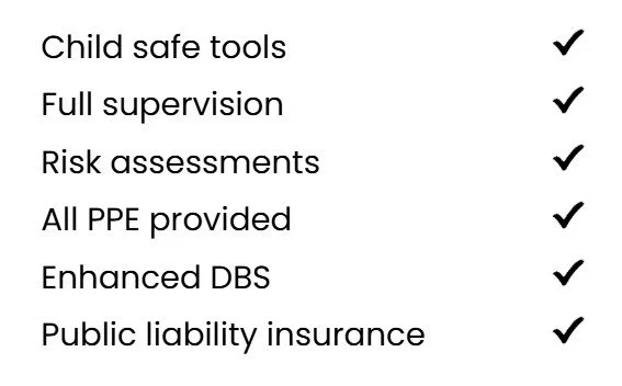 A checklist with six items: Child safe tools, Full supervision, Risk assessments, All PPE provided, Enhanced DBS, Public liability insurance. Each item has a check mark next to it.