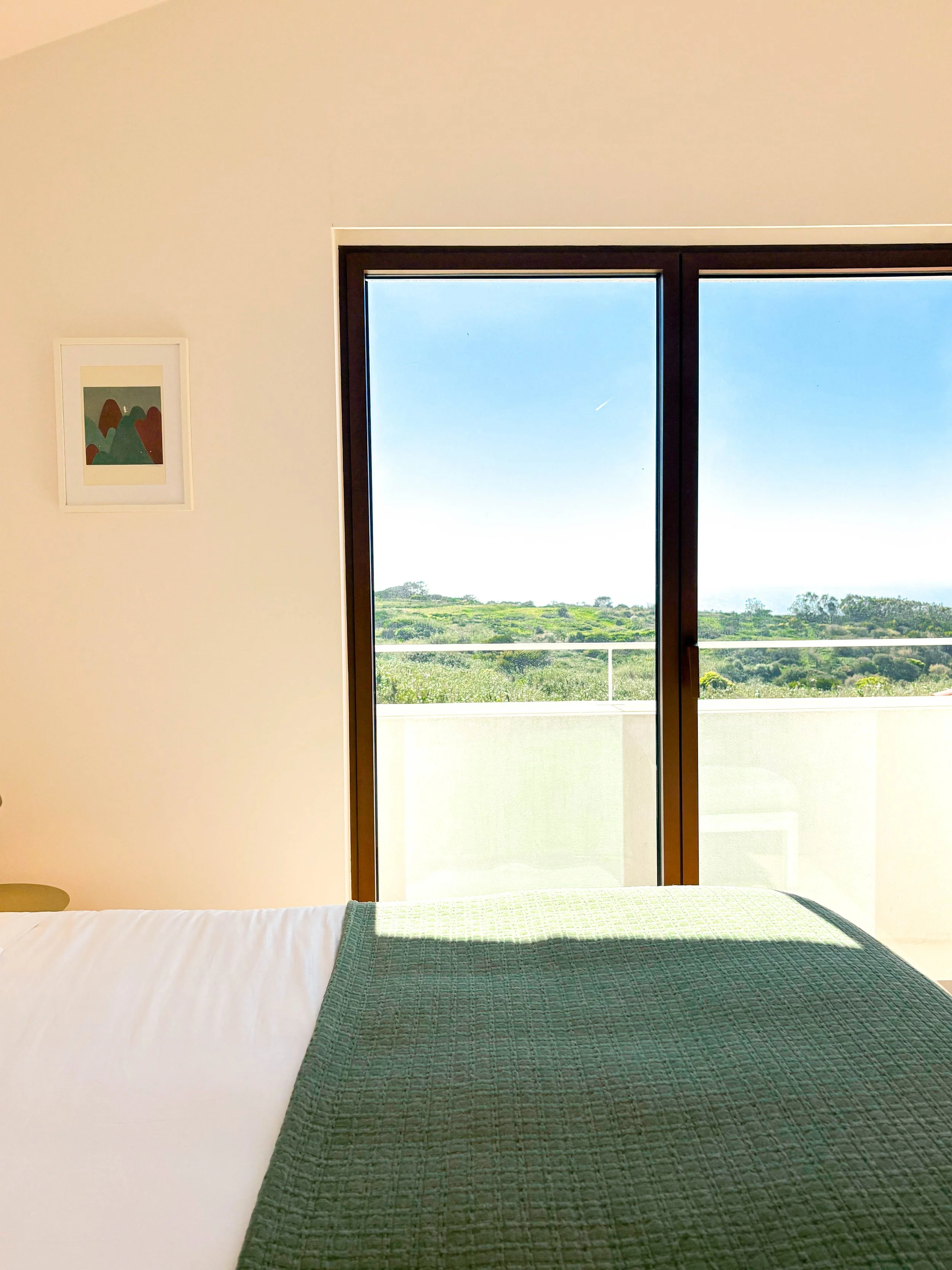 Quarto com parede branca, quadro na parede, janela com vista para o campo e varanda, roupa de cama branca com uma manta verde