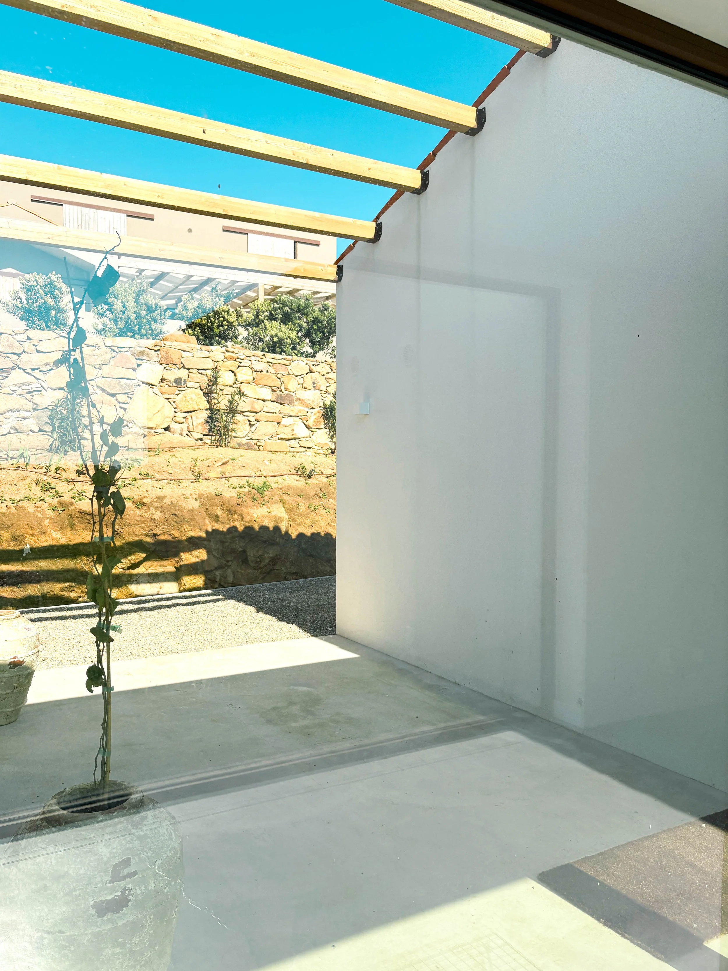 Imagem de uma varanda com piso de cimento, uma parede branca e uma estrutura de cobertura de madeira sem telha, permitindo a passagem de luz solar. Na varanda há uma planta jovem em um vaso na parte esquerda da imagem. Ao fundo, há uma parede de pedr