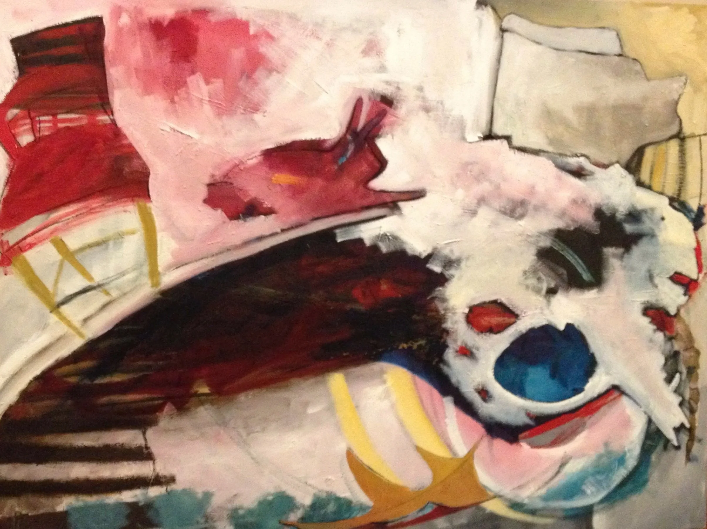 Abstract colorful painting featuring a white Kafka "Odradek" creature with black eyes and a blue nose in the foreground, with red, pink, yellow, and beige shapes and brushstrokes in the background.