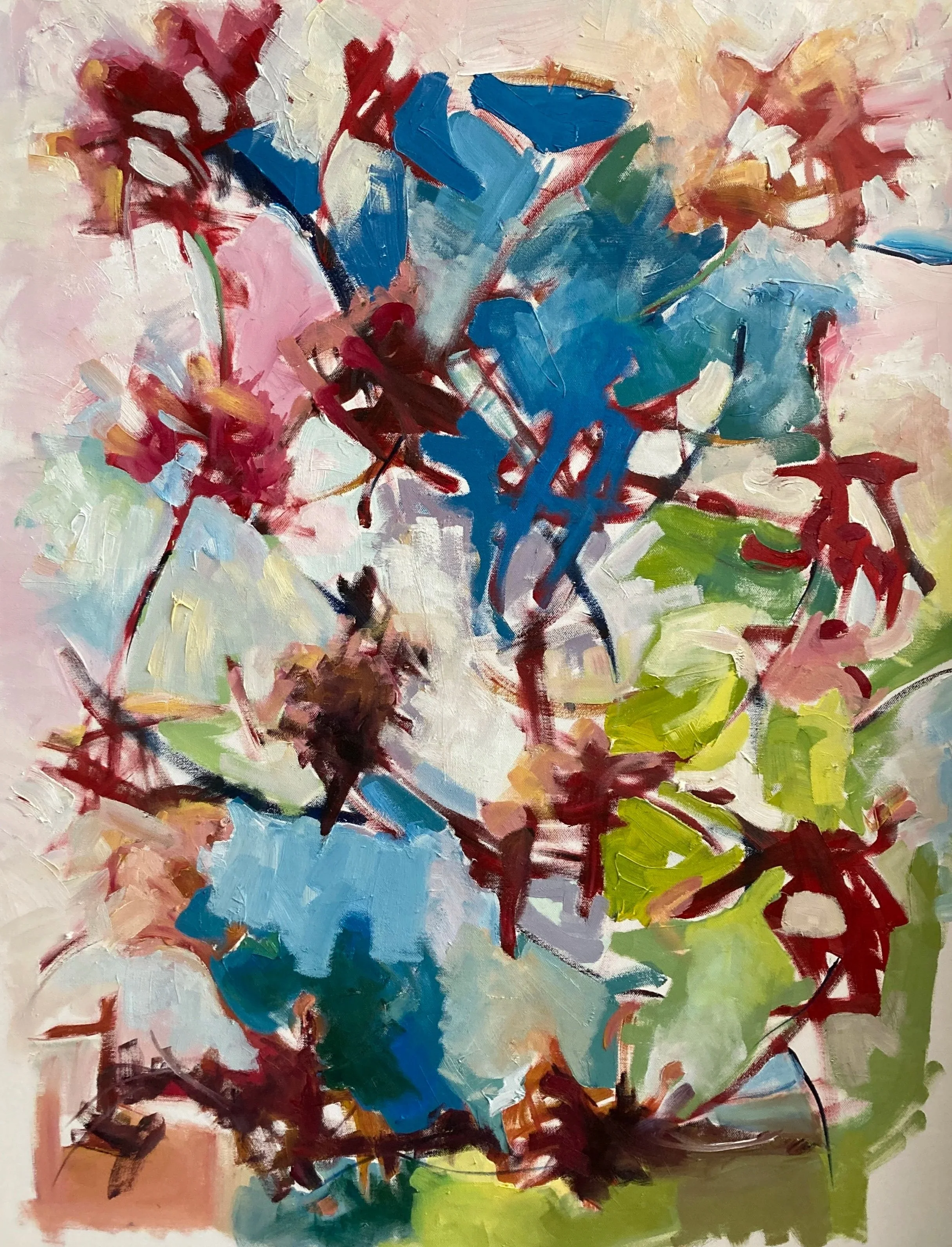 Abstract painting with bold blue, red, green, and pink brushstrokes on a light background.