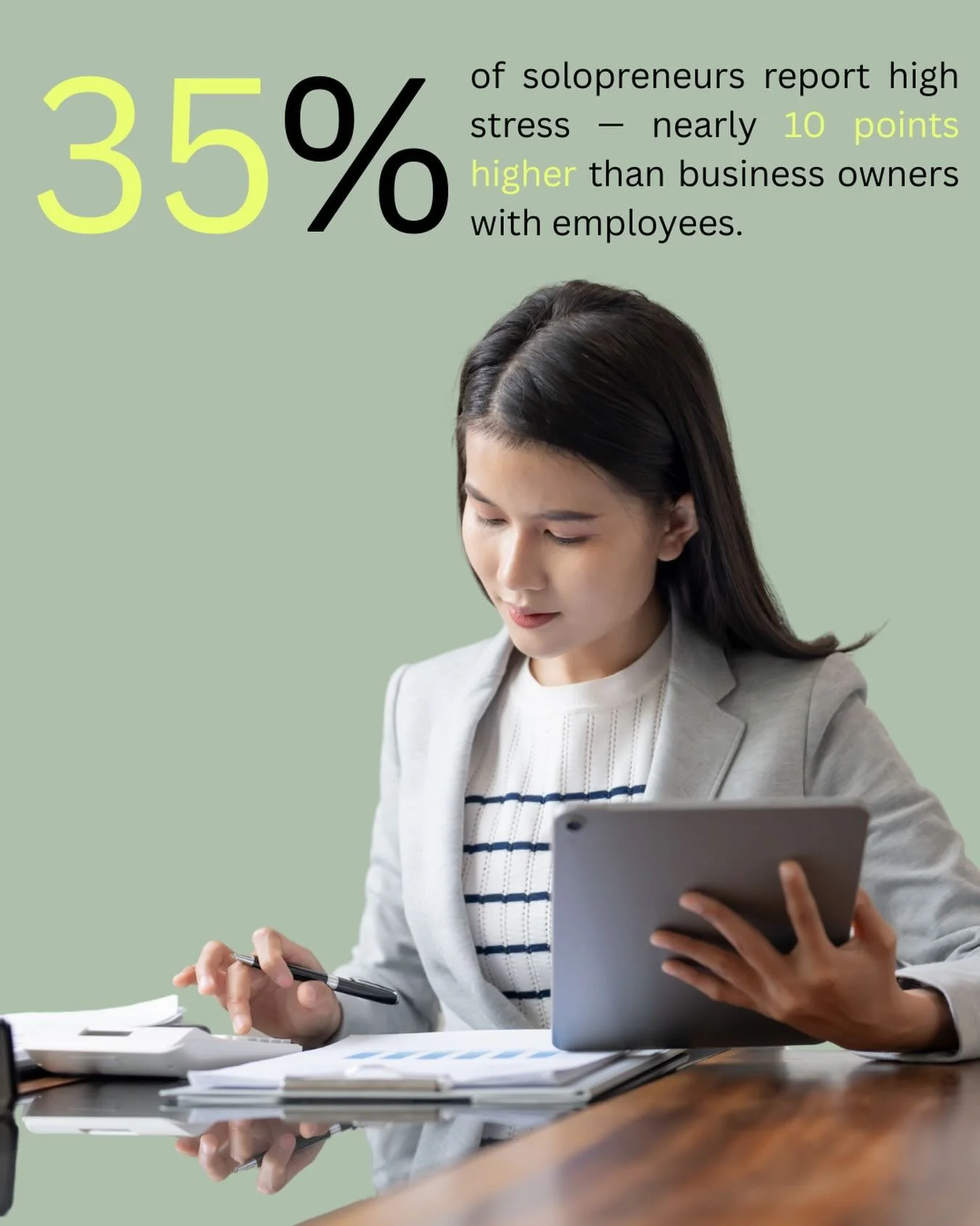 For the solopreneur running on adrenaline
35% of solopreneurs report high stress &mdash; nearly 10 points higher than business owners with employees.

Let that sit for a second.

Going solo was supposed to mean freedom. More control. Less noise.

But