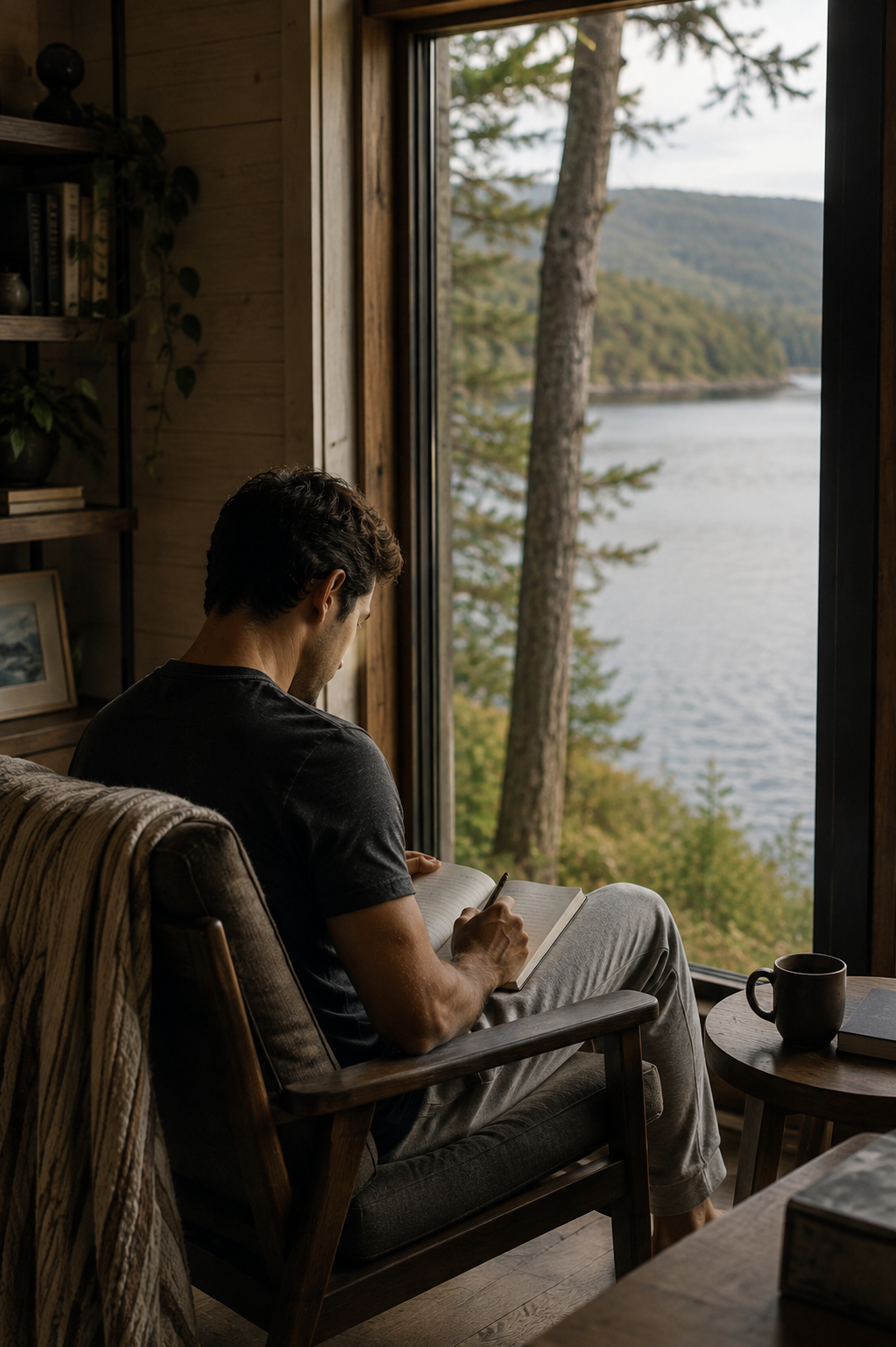A man quietly journals beside a peaceful lakeside window, representing self-reflection, emotional healing, anxiety support, and individual therapy in Houston and virtually throughout Texas.