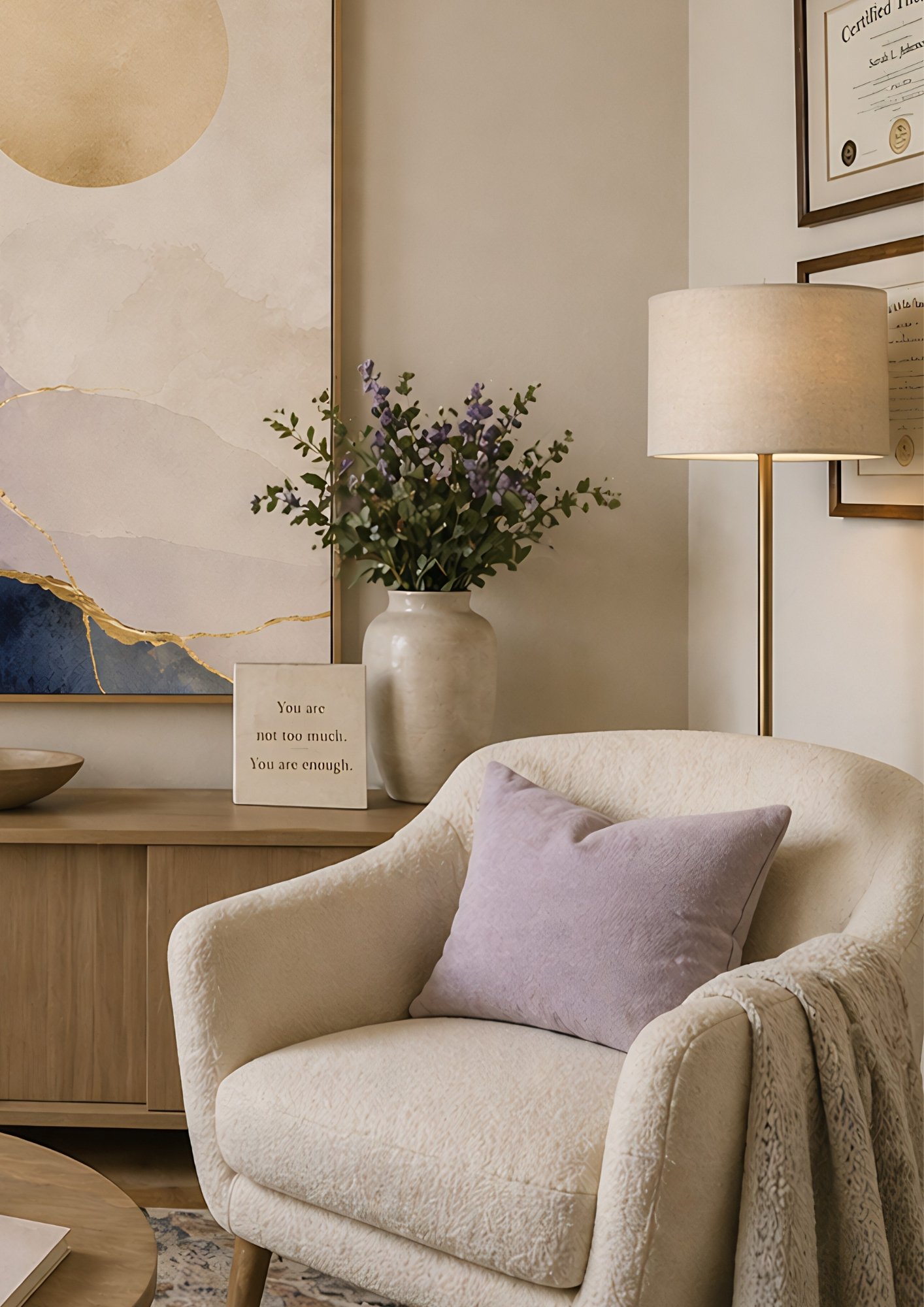 Living room with cream-colored armchair, lavender pillow, wooden sideboard with a large vase of purple flowers, framed artwork on the wall, and a beige table lamp.