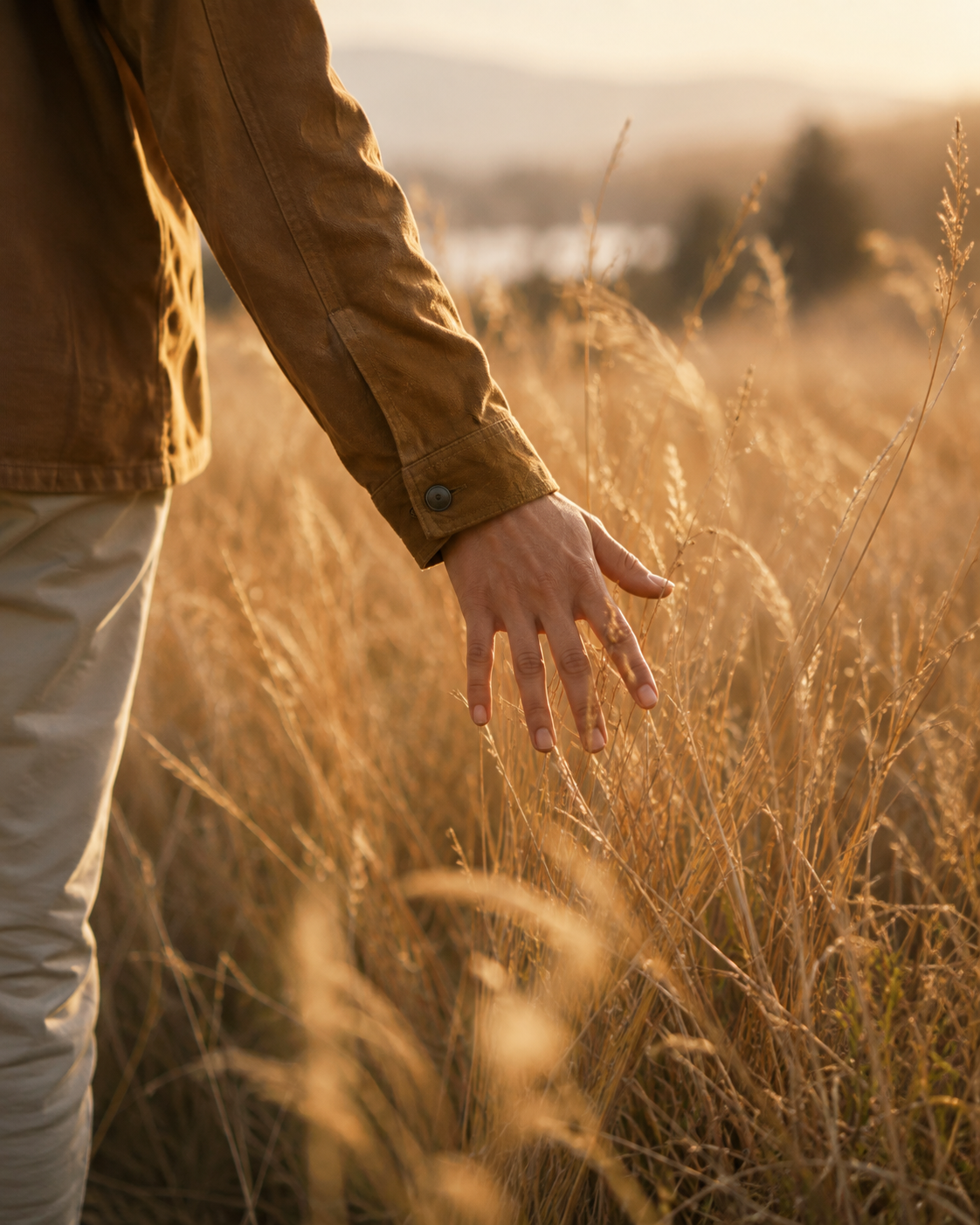 Hand with fingers extended touching tall, dry grass in a field with a blurred background.