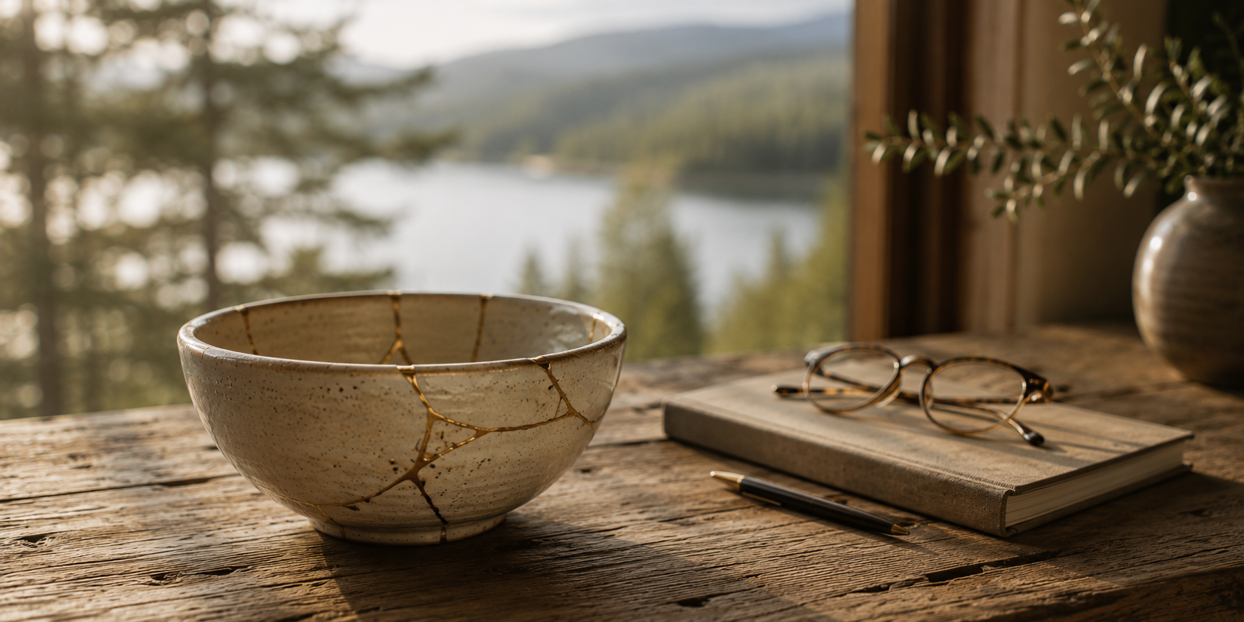 A handcrafted kintsugi bowl repaired with gold seams sits on a rustic wooden table beside a journal and glasses, symbolizing healing, resilience, and personal growth.