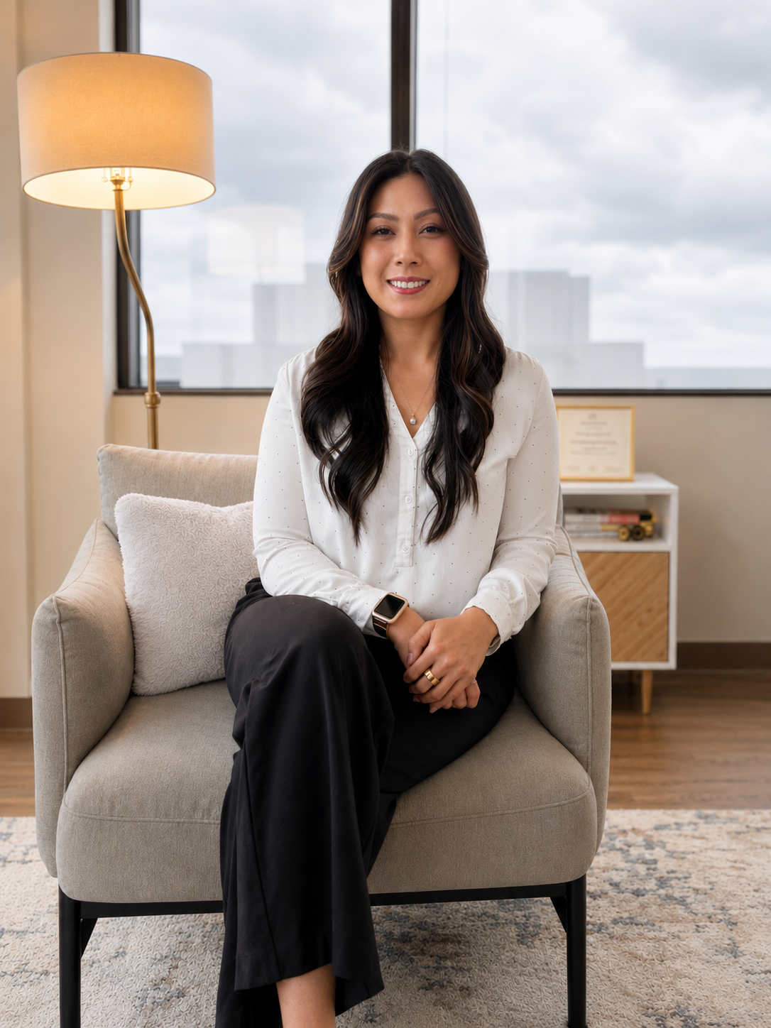 A woman sitting on a beige sofa in an office setting, smiling, with a large window and cityscape in the background, a standing lamp to her left, and a small white cabinet with a framed certificate and a toy truck behind her.