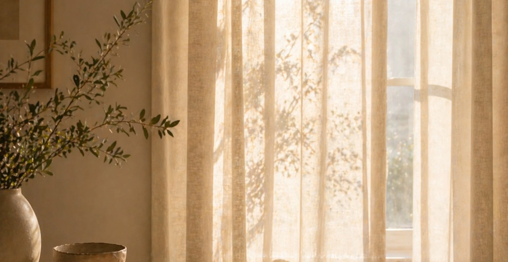 Sunlight shining through cream-colored curtains in a room with a potted plant in a vase on a table.